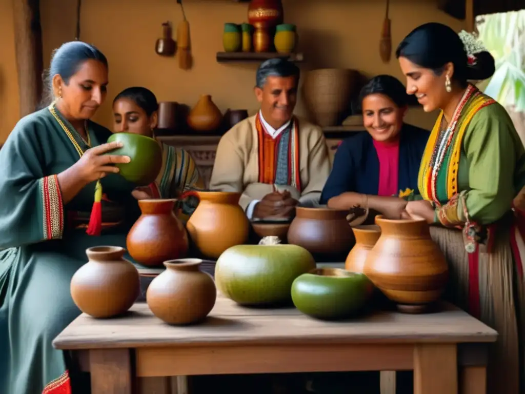 Tradición del mate en la región rioplatense: ceremonia de mate con amigos y familiares en una cocina rústica