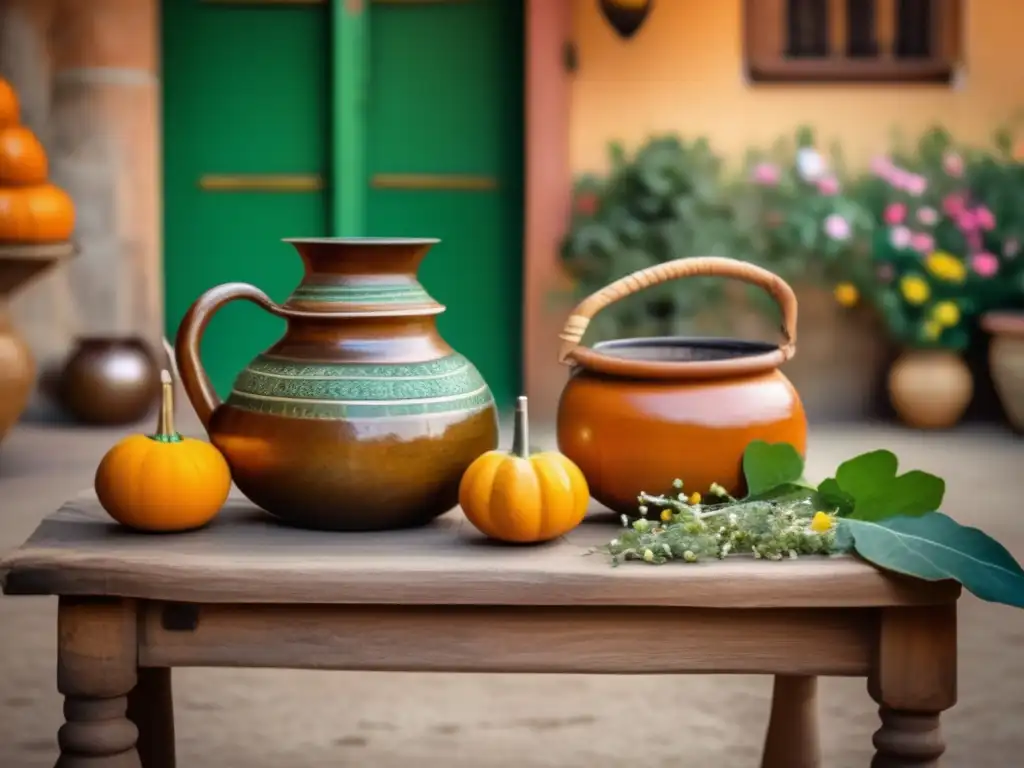 Tradición del mate en la región rioplatense: ceremonia vintage con patio encantador, mesa rústica, mate, bombilla, yerba mate, conversación animada