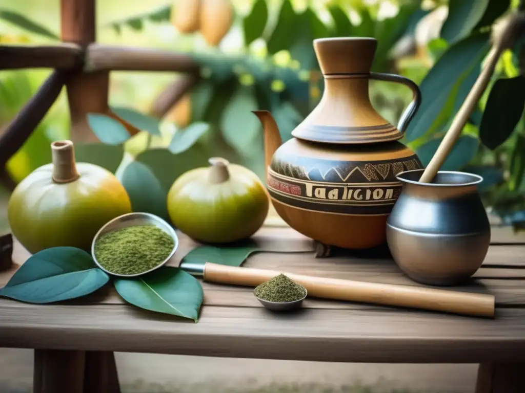 Tradición del mate en la región rioplatense: ceremonia vintage en un patio rústico rodeado de vegetación, mate y conversaciones animadas