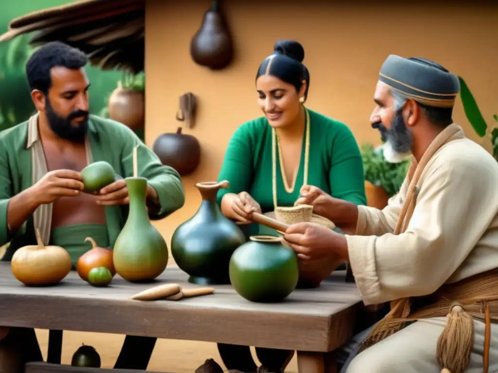 Tradición del mate en la región rioplatense: ceremonia vintage con amigos disfrutando de la infusión en un patio rústico