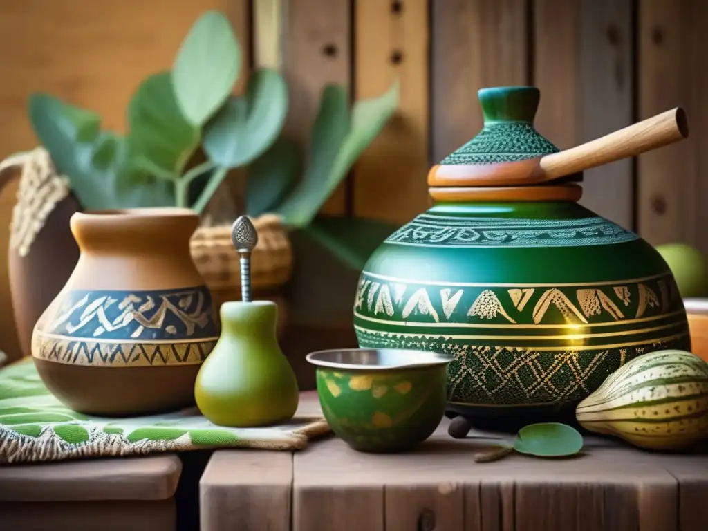 Tradición del mate en la región rioplatense: ceremonia vintage en una acogedora cocina rústica, con una mate gourd tallada y yerba mate