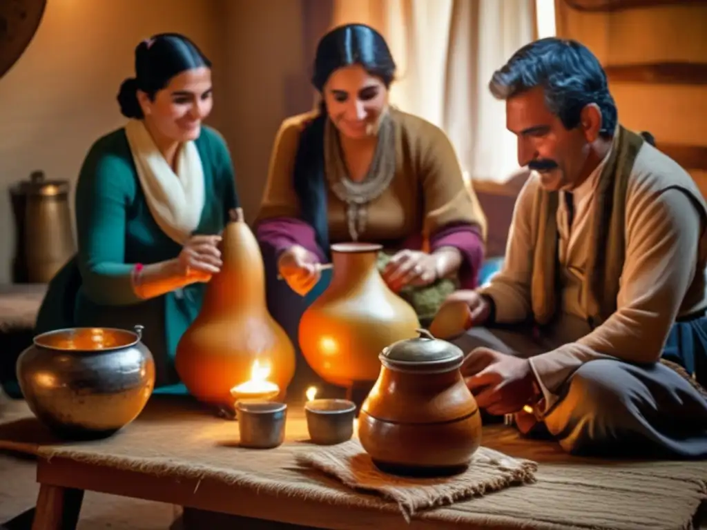 Tradición del mate en la región rioplatense: ceremonia vintage con amigos disfrutando del mate en ambiente acogedor y rústico