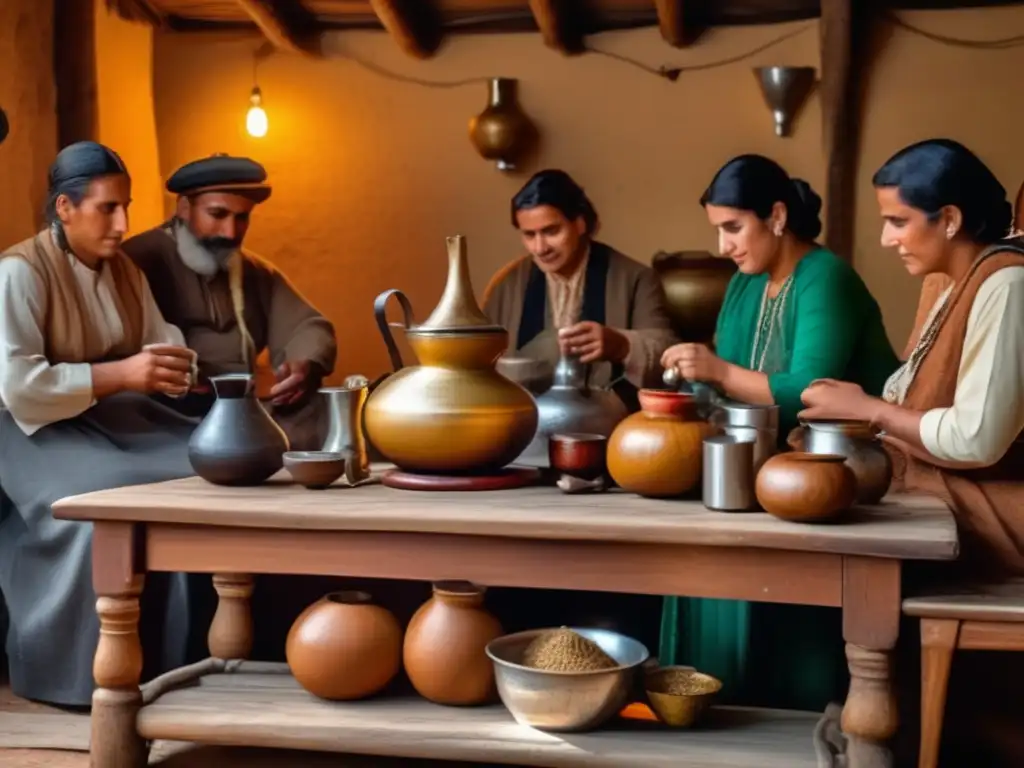 Tradición del mate en la región rioplatense: Ceremonia vintage detallada con gente compartiendo la bebida emblemática