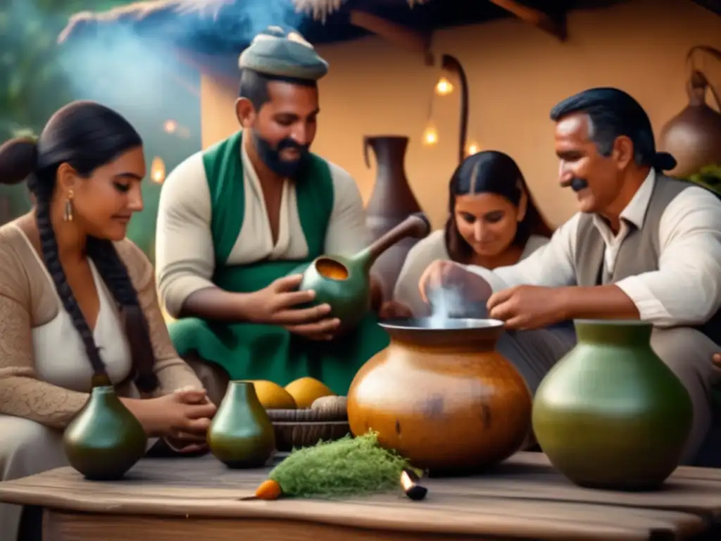 Tradición del mate en el Rioplatense: Ceremonia vintage de mate en patio encantador con mesa rústica, gourd vintage, y gente vestida tradicionalmente