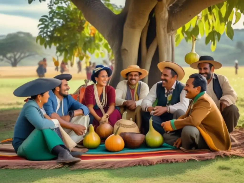 Tradición del mate en la región rioplatense: una colorida reunión al aire libre bajo un árbol, con personas vestidas de manera tradicional, compartiendo mate y disfrutando de la naturaleza