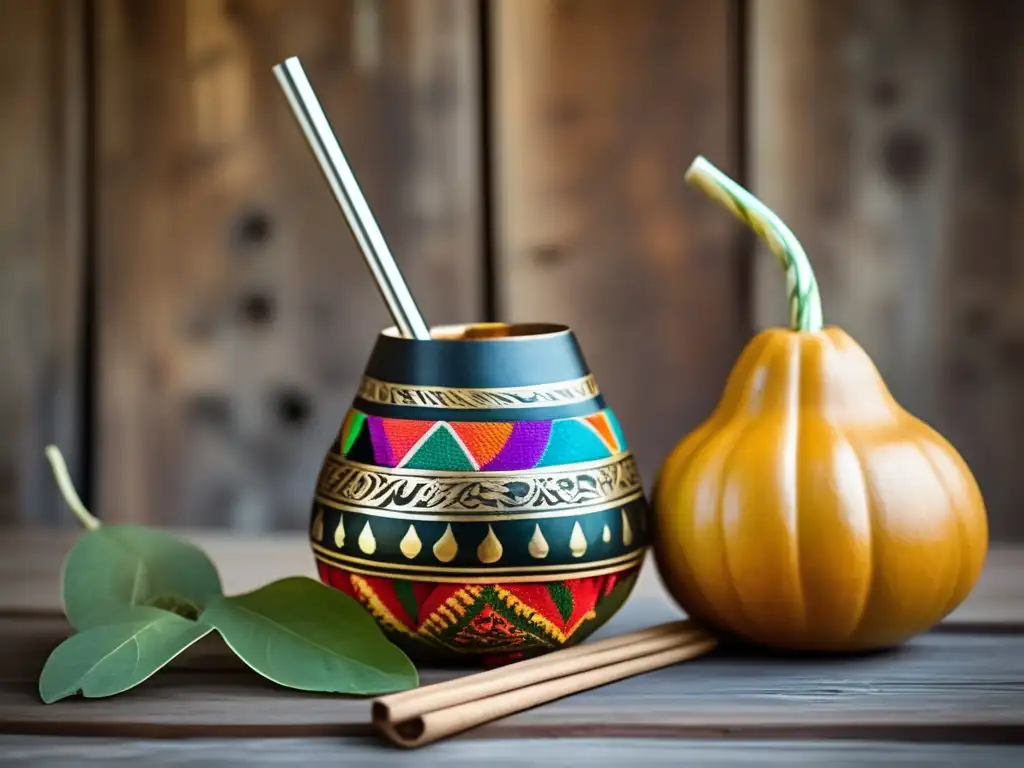 Tradición del mate en el Rioplatense: Mate gourd, bombilla, yerba mate y cultura artesanal en una imagen vintage