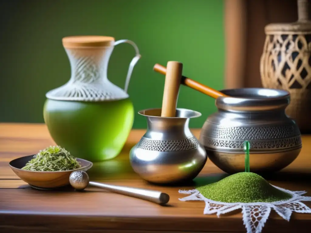 Tradición del mate rioplatense en la cultura: escena vintage con mesa de madera, mate de plata, yerba verde y manos expertas vertiendo agua caliente