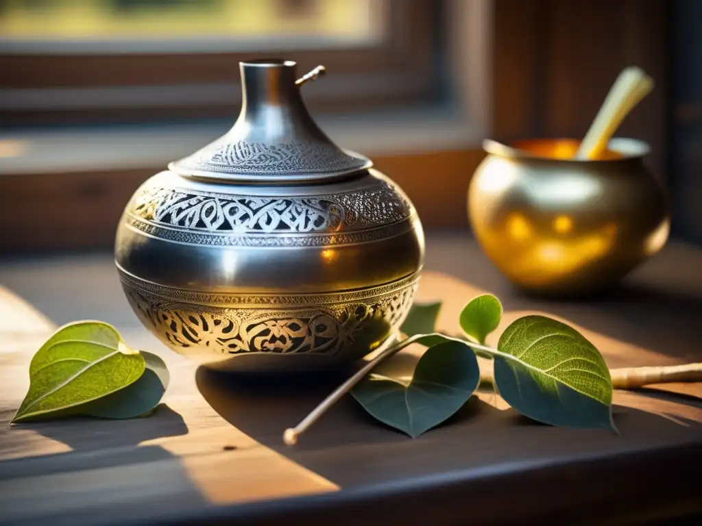 Tradición del mate en la región rioplatense: Detalle de una mate de plata vintage con grabados y filigranas, sobre una mesa rústica junto a una bombilla y yerba mate