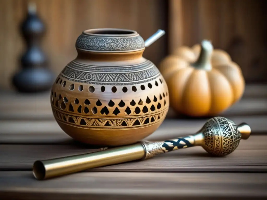 Tradición del mate en la región rioplatense con detalles intrincados de la calabaza y bombilla rodeados de elementos vintage en una mesa de madera desgastada