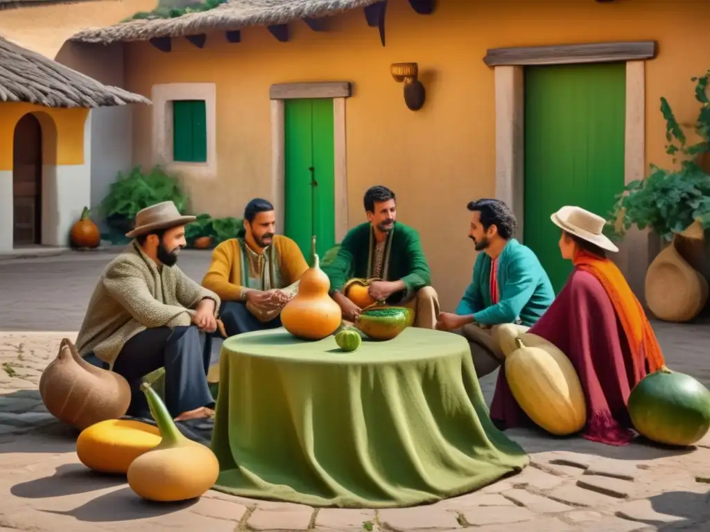 Tradición del mate en la región rioplatense: una encantadora escena vintage de un círculo de mate tradicional en un antiguo patio, rodeado de paredes de adobe rústicas cubiertas de hiedra verde