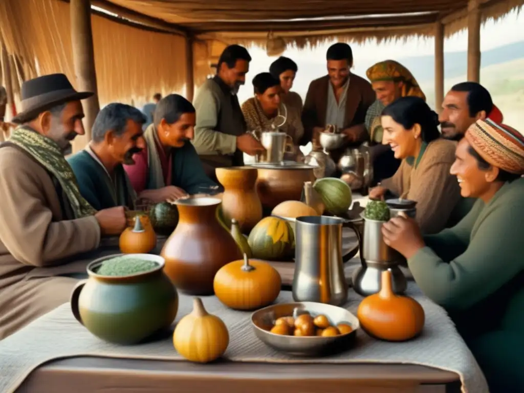 Tradición del mate en la región rioplatense: Escena acogedora de una reunión de mate con mesa rústica, gourds, bombillas y paisaje rioplatense