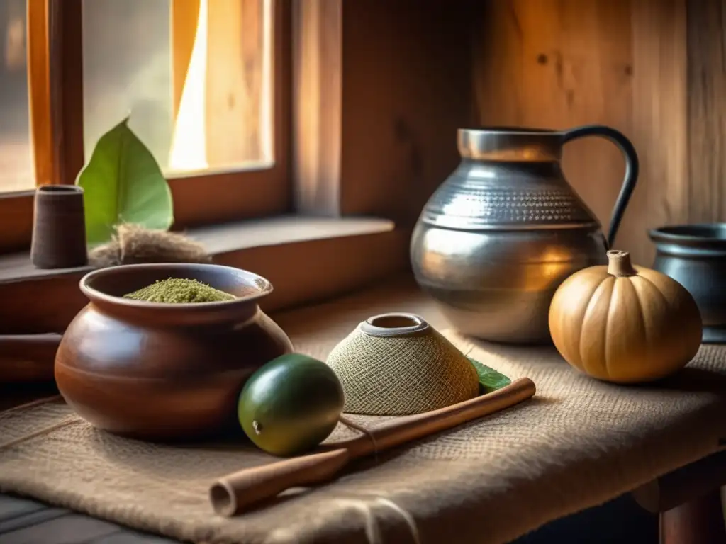 Tradición del mate en la región rioplatense: escena cálida con mesa rústica, mate, bombilla, yerba mate, manos y vapor