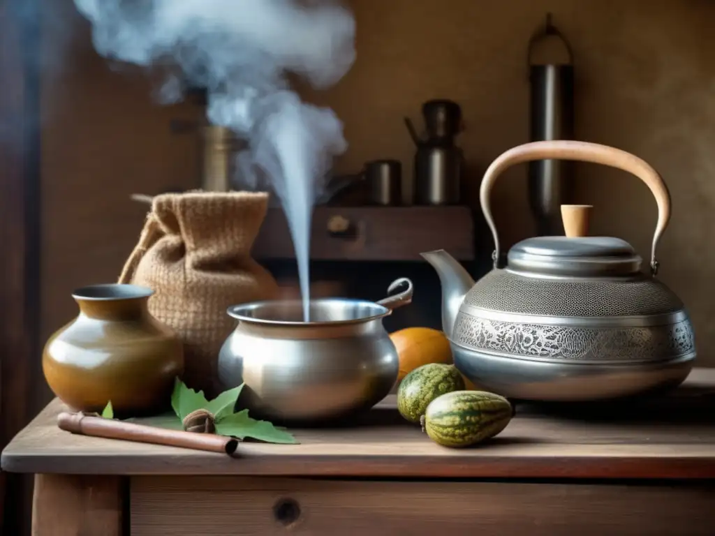 Tradición del mate en la región rioplatense: escena vintage de preparación con mesa de madera, mate, bombilla y yerba mate