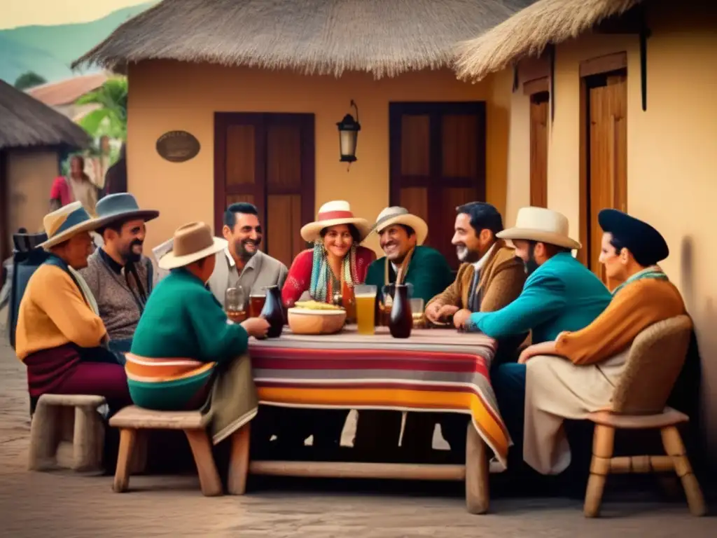 Tradición del mate en la región rioplatense: una escena vintage con amigos disfrutando de una animada reunión alrededor de una mesa rústica adornada con mates y bombillas de plata