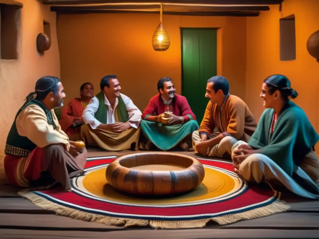 Tradición del mate en la región rioplatense: una escena vintage en una habitación acogedora con muebles de madera y luz tenue