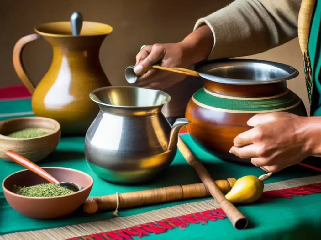 Tradición del mate en la región rioplatense: escena vintage de preparación con mesa de madera, mantel tejido, mate, bombilla y yerba mate