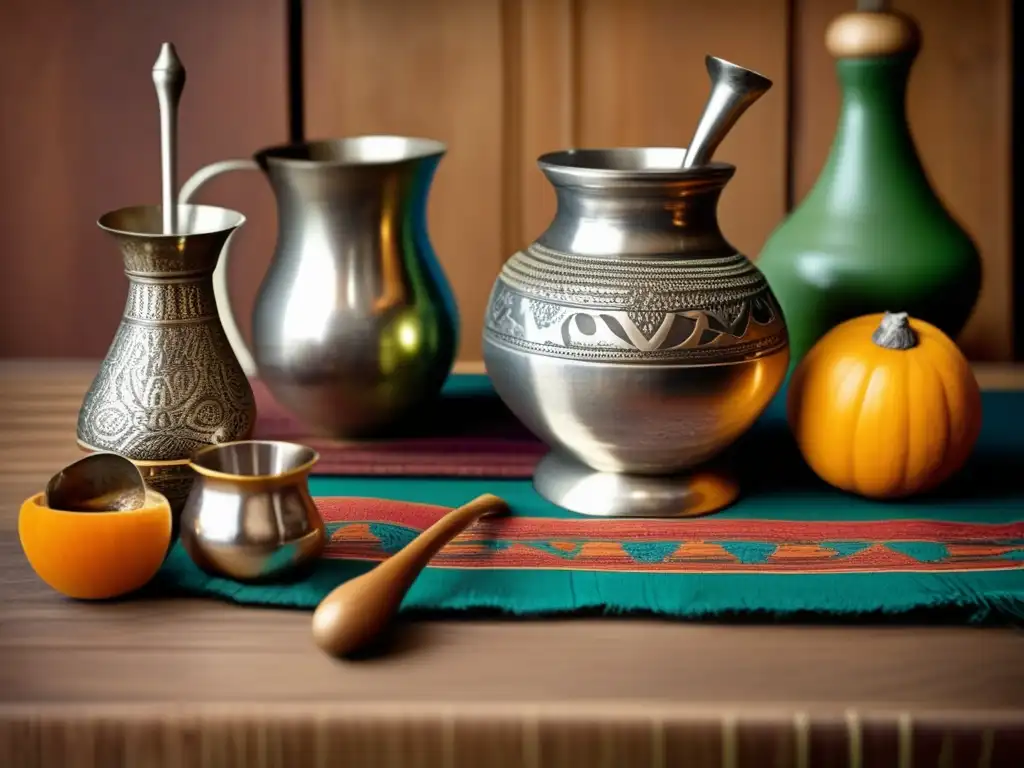 Tradición del mate en la región rioplatense: Escena vintage de preparación del mate con una mesa de madera y objetos antiguos