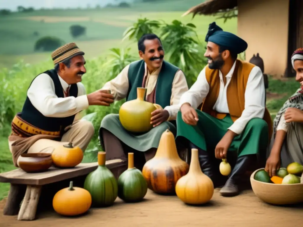 Tradición del mate en la región rioplatense: escena vintage con gente disfrutando del tereré al aire libre