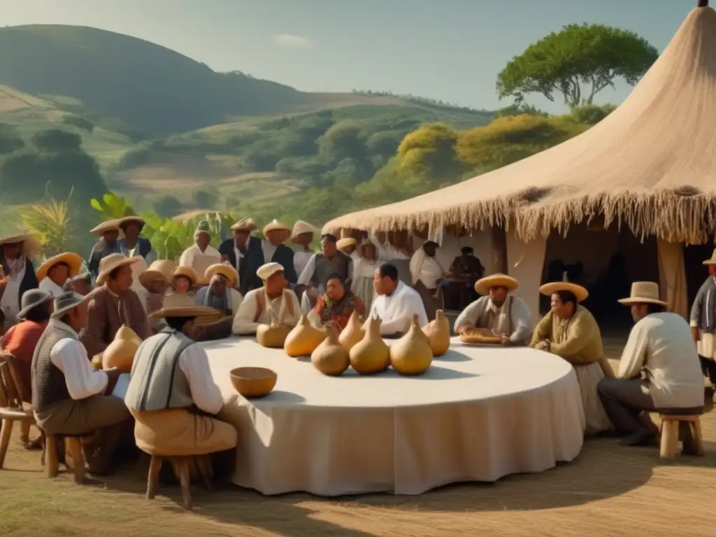 Tradición del mate en la región rioplatense: Escena vintage de una reunión de tereré con una mesa redonda de madera, mates y bombillas