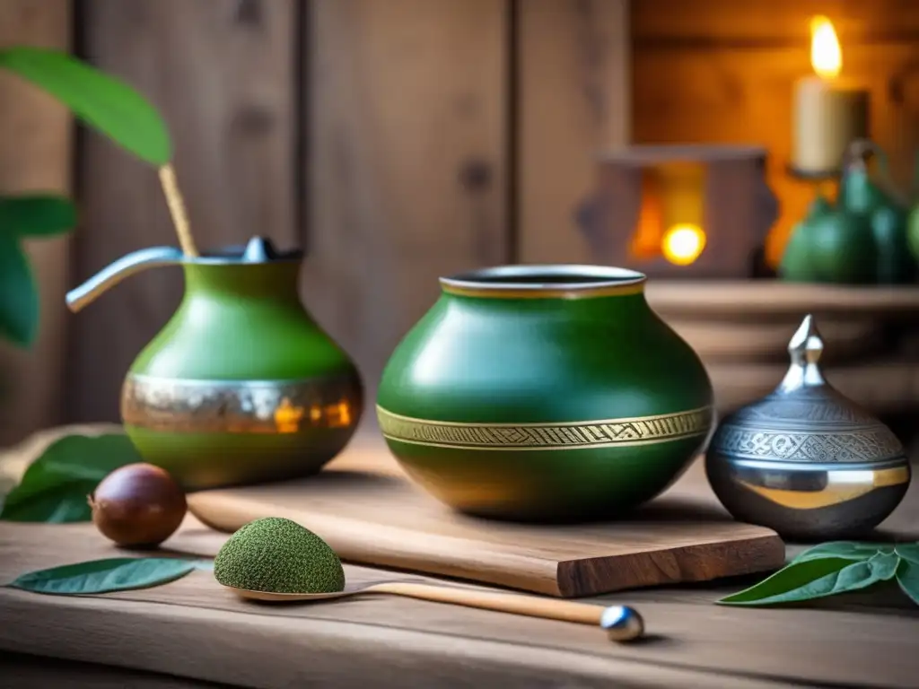 Tradición del mate en la región rioplatense: escena vintage de mate con calabaza tallada, yerba mate, bombilla de plata, y ambiente acogedor