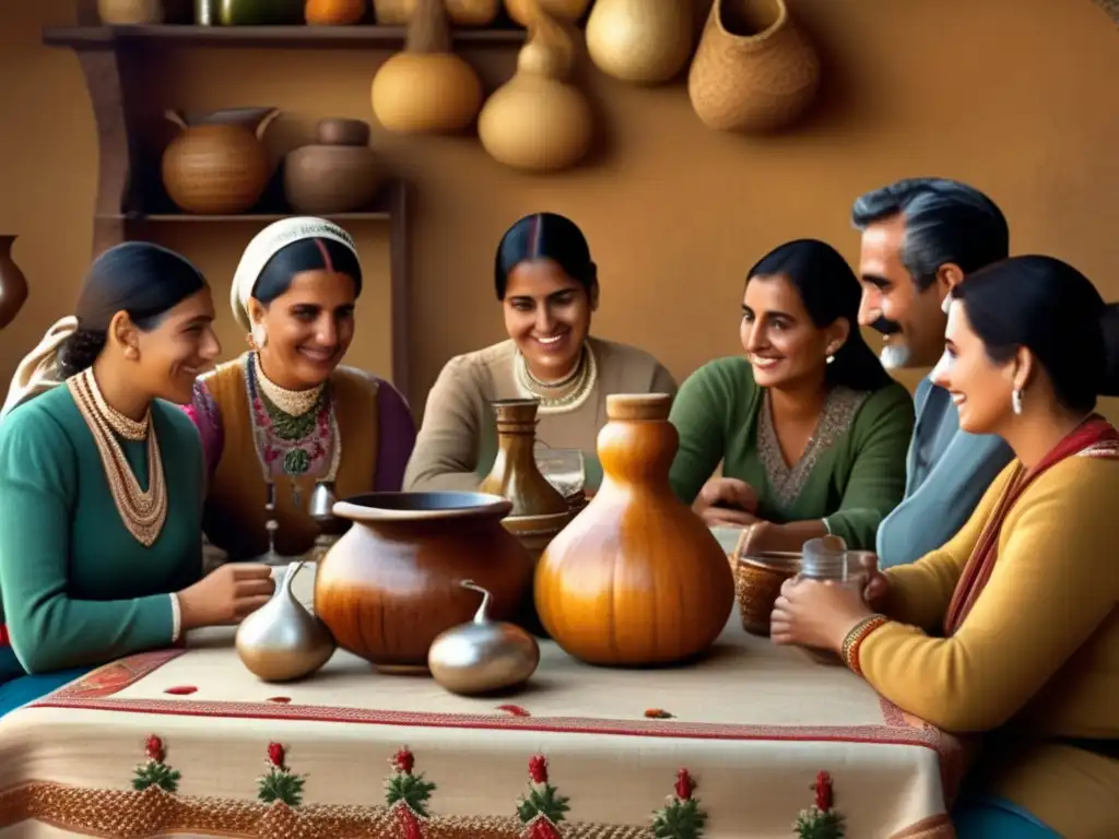 Tradición del mate en la región rioplatense: escena vintage de una reunión acogedora con amigos y familiares, gourd y mate de plata en una mesa de madera con mantel bordado