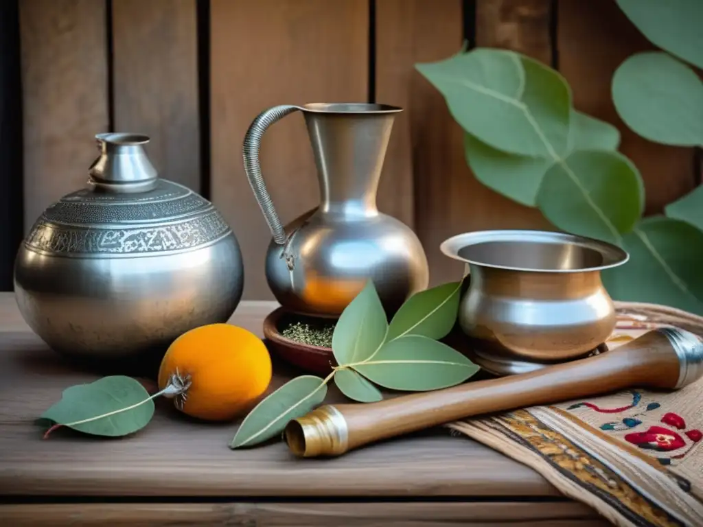 Tradición del mate en la región rioplatense: escena vintage de una ceremonia con mate, con mesa de madera y utensilios tradicionales