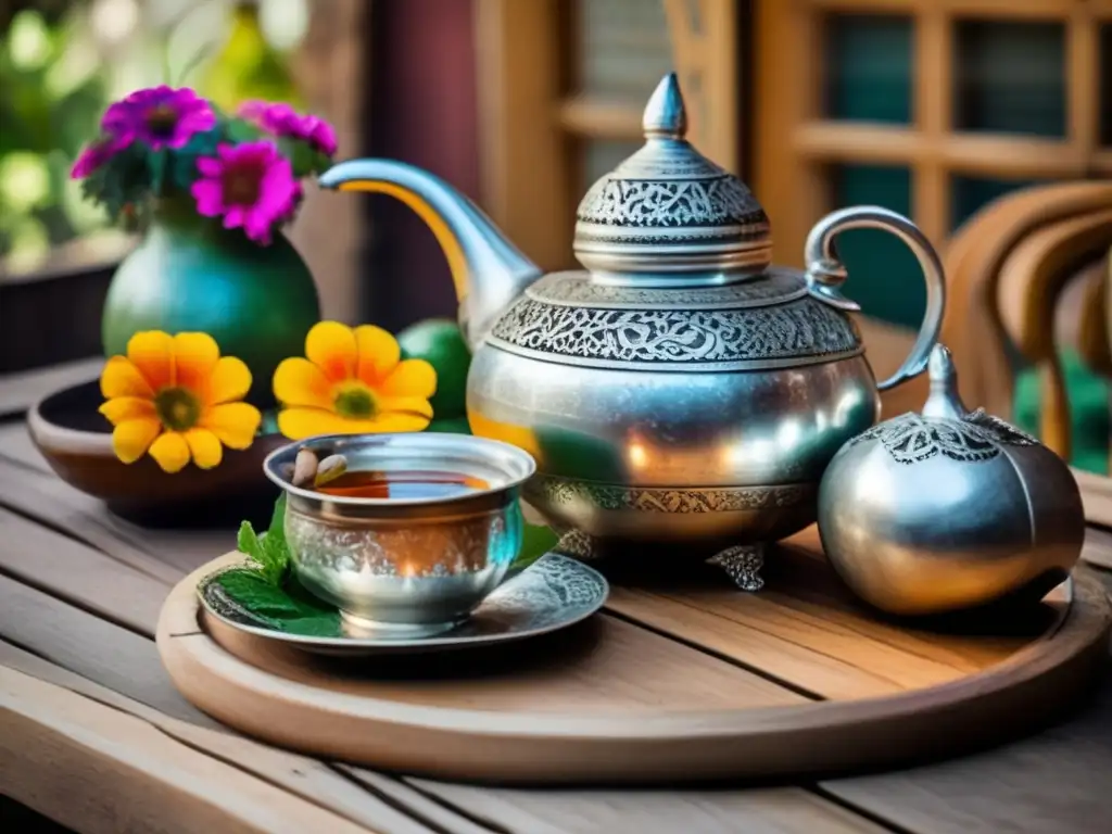 Tradición del mate en la región rioplatense: grupo disfrutando de mate en un patio con naturaleza exuberante