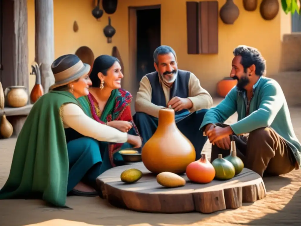 Tradición del mate en la región rioplatense: grupo de personas en un patio rústico, disfrutando del mate en una mesa de madera con mantel tradicional