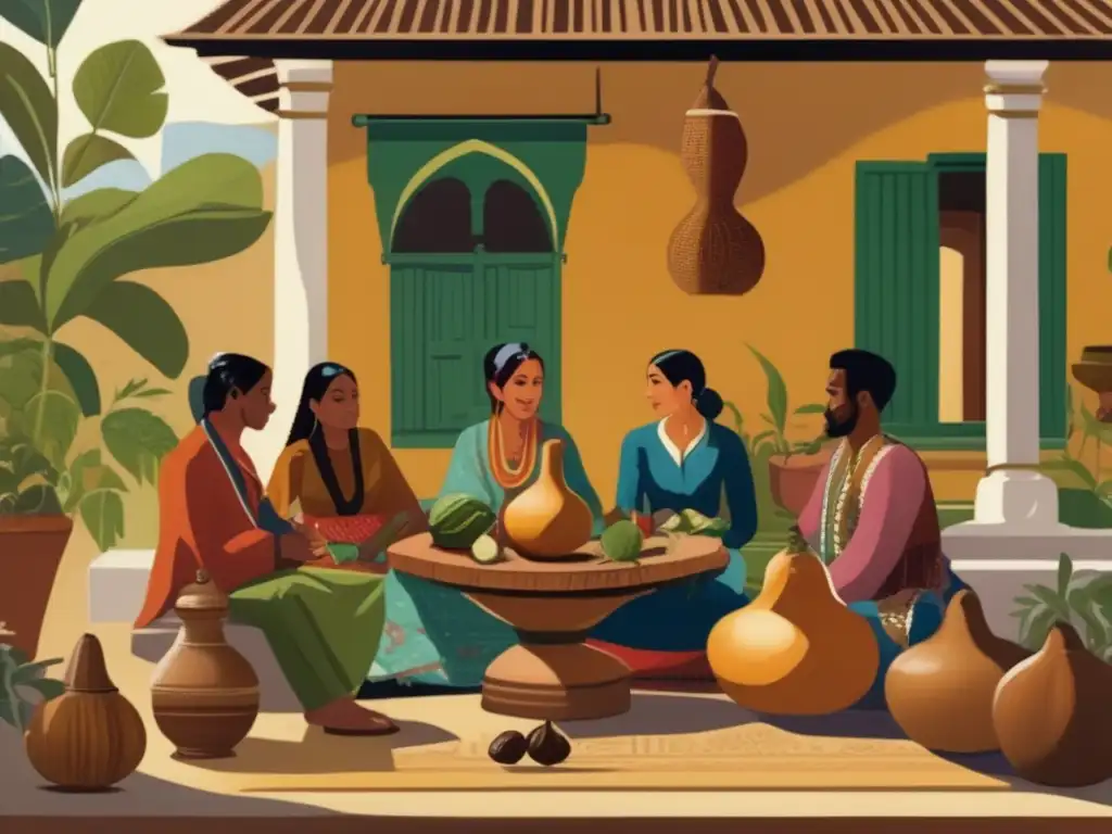 Tradición del mate en la región rioplatense: grupo de personas en un patio colonial rodeado de vegetación, compartiendo mate