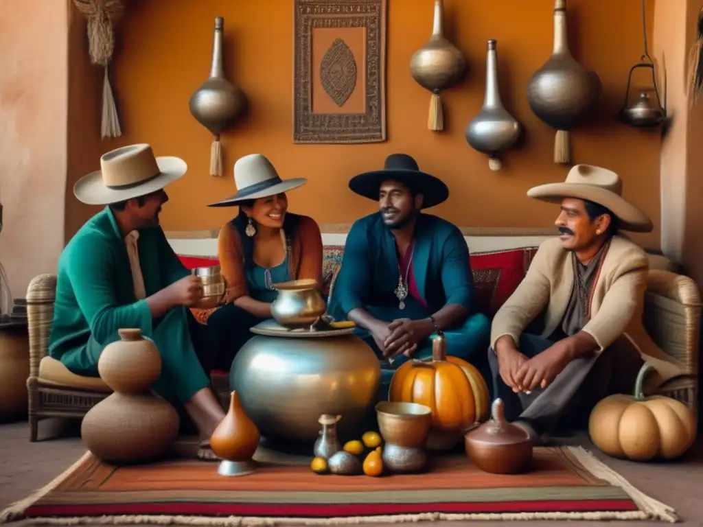 Tradición del mate en la región rioplatense: Grupo disfrutando en sala acogedora con sombreros gauchos, bombillas y mates coloridos