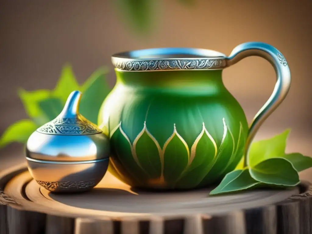 Tradición del mate en la región rioplatense: una imagen detallada de una mate con ornamentos de plata, yerba mate verde y una bombilla de plata