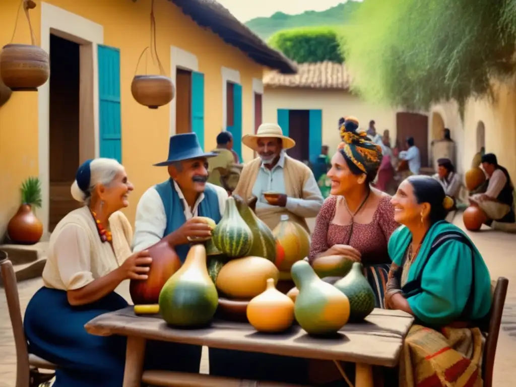 Tradición del mate en la región rioplatense: imagen de una reunión vintage con mate, gente de distintas generaciones en un patio colonial con azulejos coloridos y vegetación exuberante