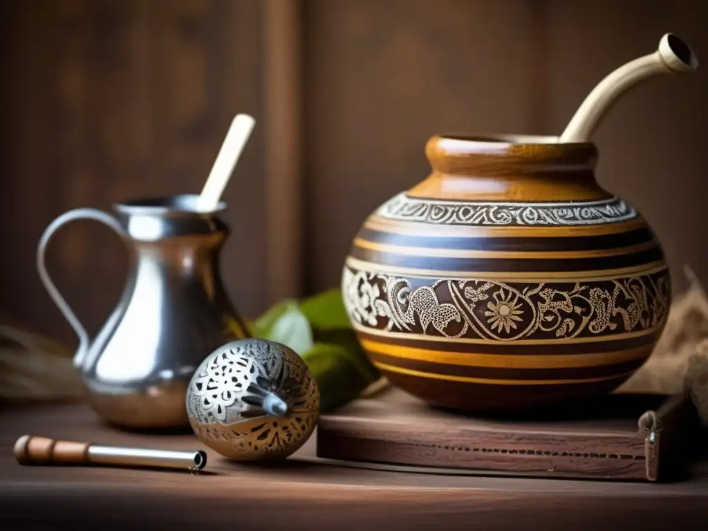 Tradición del mate en la región rioplatense: imagen vintage con mate, gourd, bombilla y mesa de madera