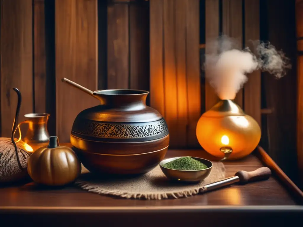 Tradición del mate en la región rioplatense: una imagen vintage de una acogedora habitación con paredes de madera y muebles rústicos