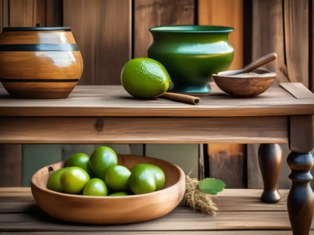 Tradición del mate en la región rioplatense: Imagen vintage con mesa de madera, mate y bombilla en un entorno natural verde