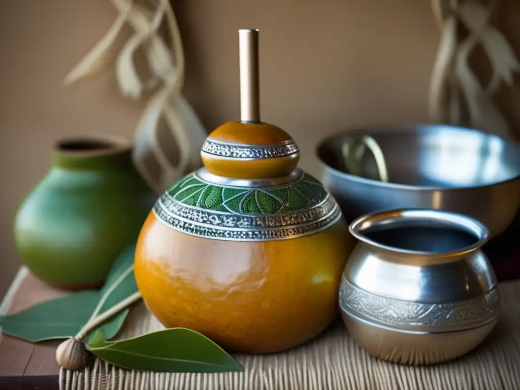 Tradición del mate en la región rioplatense: imagen vintage con gourd, yerba mate, bombilla y detalles de plata en una mesa rústica