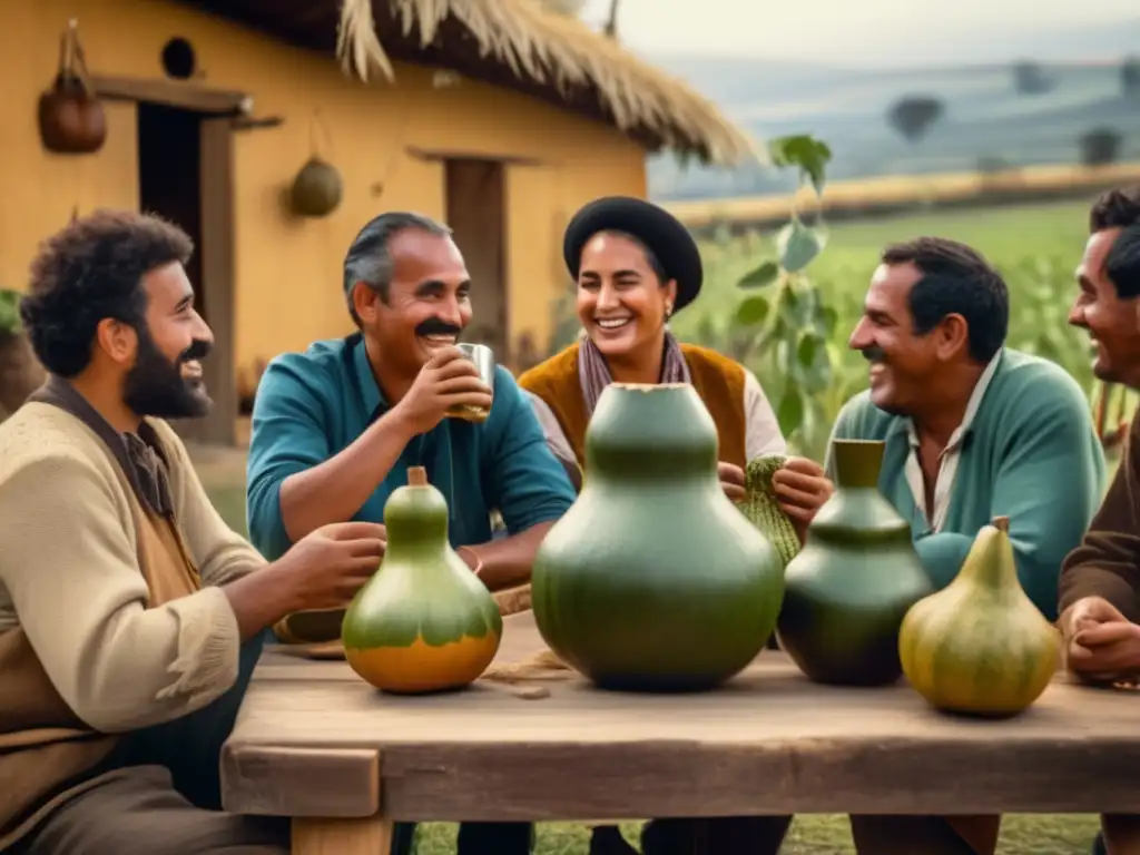 Tradición del mate en la región rioplatense: una imagen vintage que muestra una reunión tradicional de mate al aire libre, con un grupo de personas alrededor de una mesa rústica de madera decorada con una hermosa mate en la que se comparte yerba mate