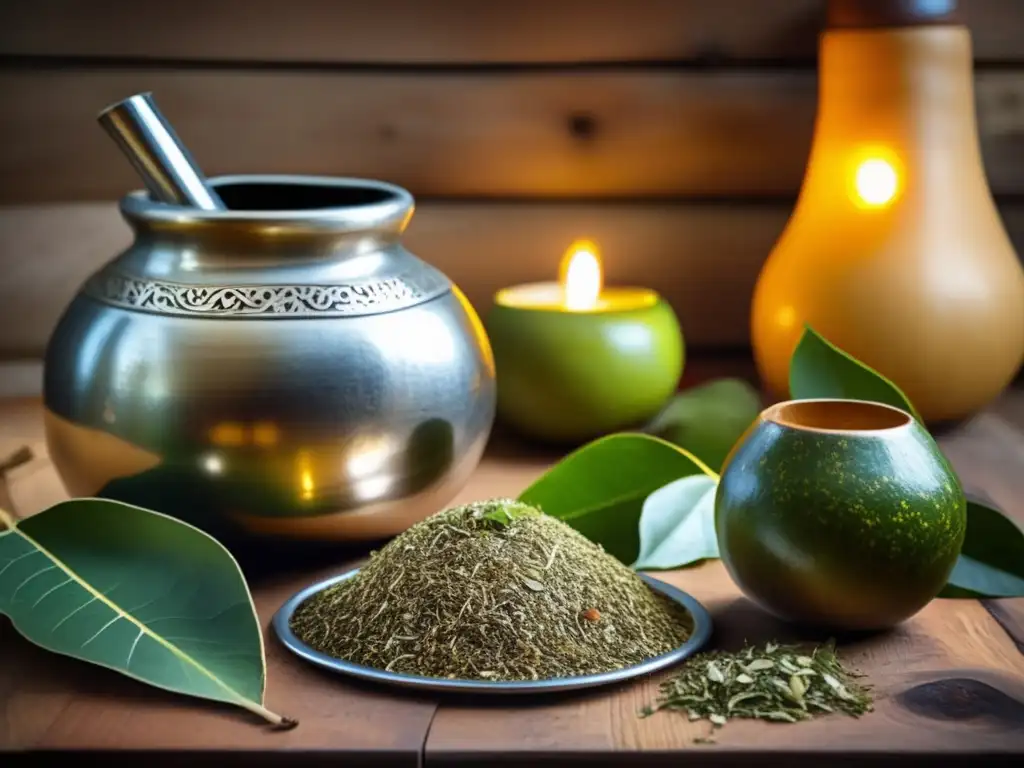 Tradición del mate en el Rioplatense: Preparación vintage de mate en una mesa rústica con gourd, yerba mate, bombilla y elementos tradicionales