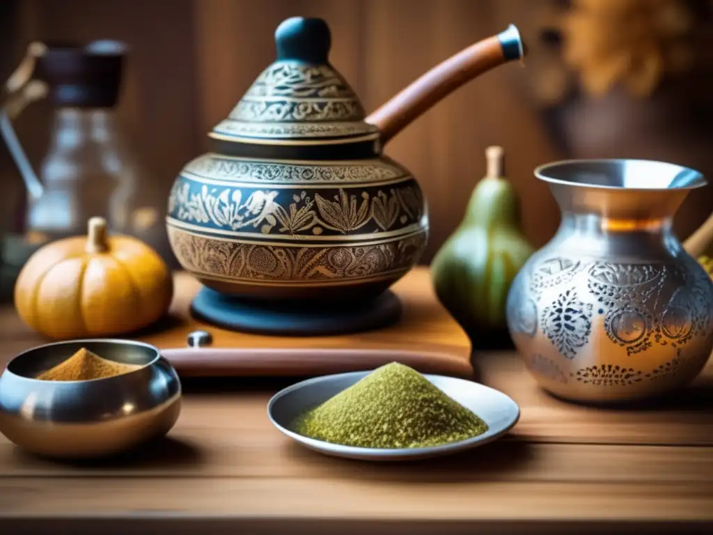 Tradición del mate en la región rioplatense: mate set vintage con gourd decorada, yerba mate, bombilla, pava de agua, cuchara y azúcar