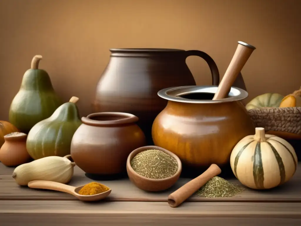 Tradición del mate en la región rioplatense - Mesa de madera rústica con mates, bombillas y yerba mate, evocando nostalgia y cultura mate