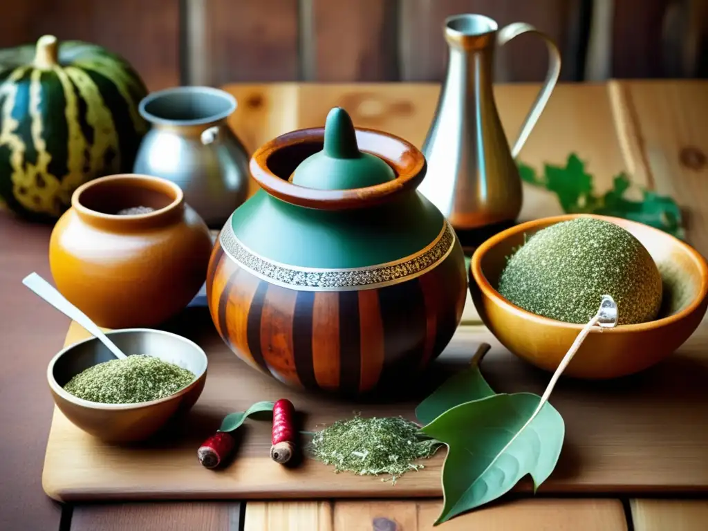 Tradición del mate en la región rioplatense: mesa rústica con mate, chorizos y morcillas en paisaje campestre