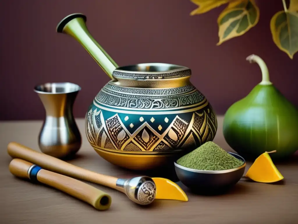 Mate rioplatense: gourd, bombilla, yerba, accesorios modernos, tazas, mapa, iluminación cálida - Nuevas costumbres del mate rioplatense