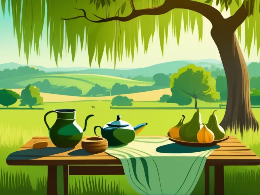 Ilustración vintage de la tradición del mate en el Rioplatense: paisaje sereno con mate y termo bajo sauce majestuoso