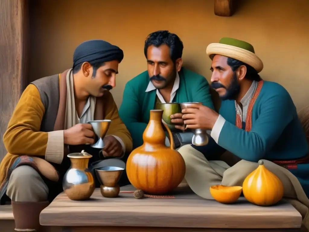 Tradición del mate en la región rioplatense: pintura vintage de personas tomando mate en una mesa de madera rústica