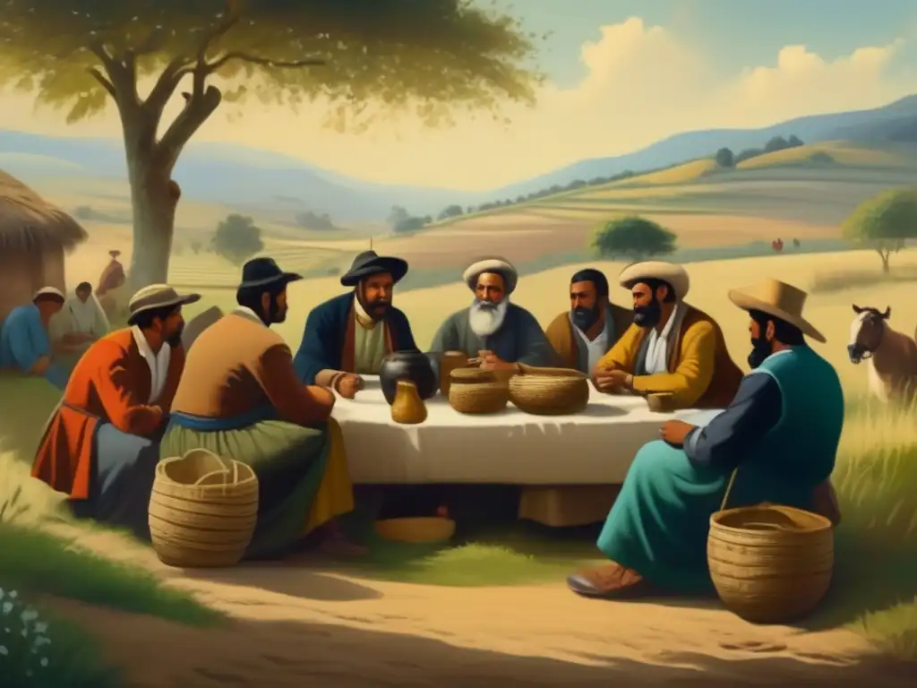 Tradición del mate en la región rioplatense: pintura vintage de una reunión tradicional de mate