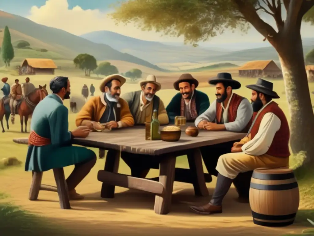 Tradición del mate en la región rioplatense, pintura vintage de una animada reunión alrededor de una mesa de madera en un entorno campestre