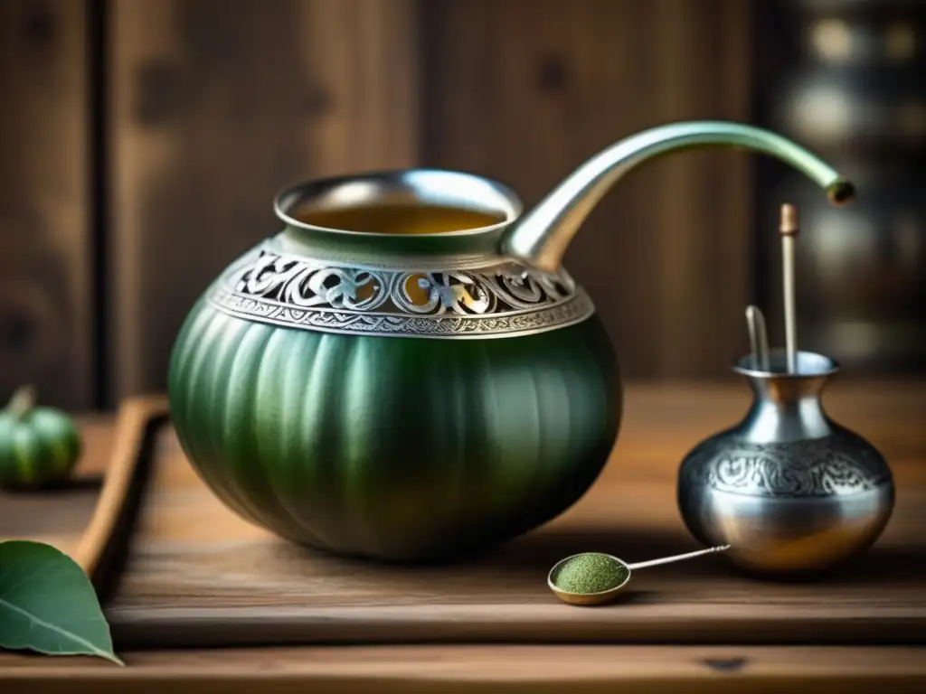 Mate: tradición rioplatense renovada - Gourd de plata con mate y bombilla en mesa rústica con luz natural