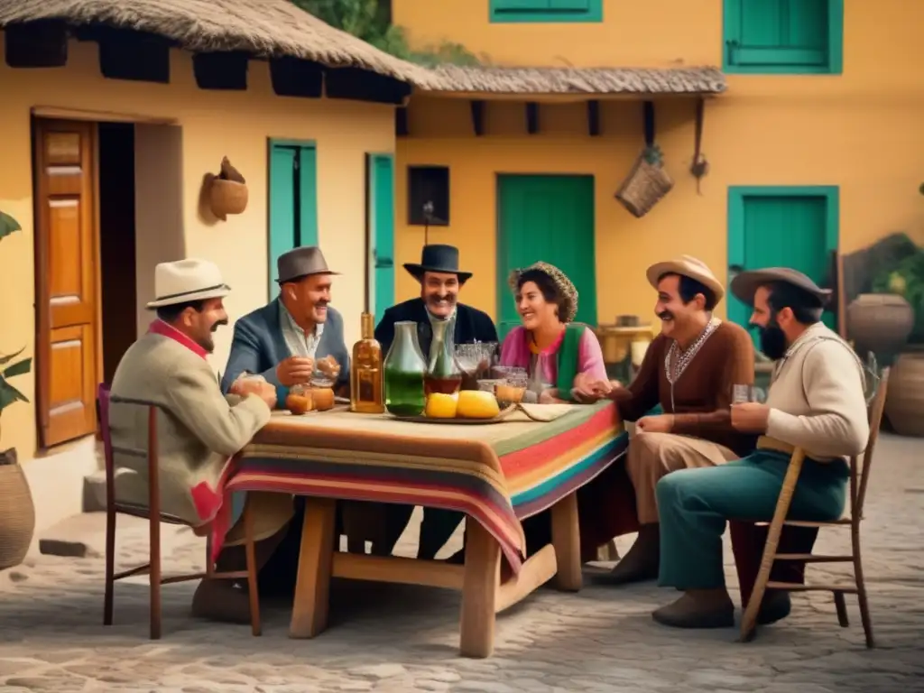 Tradición del mate en la región rioplatense: una reunión encantadora en un patio antiguo con una mesa rústica y colorida