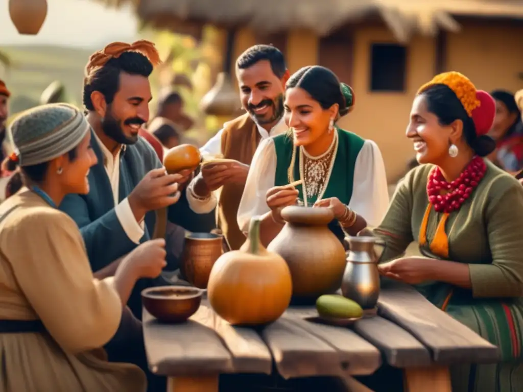 Tradición del mate en el Rioplatense: Reunión tradicional al aire libre con mesa de madera, mate y bombilla