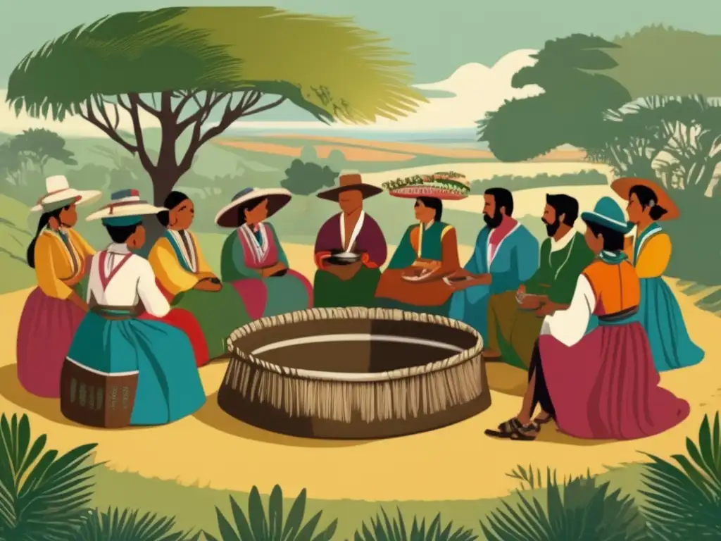 Tradición del mate en la región rioplatense: una ilustración vintage detallada de una reunión tradicional de mate